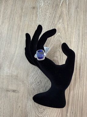 JTV Ring Rhodium Sterling Silver Tanzanite White Diamond Simulants Size 7-NWT